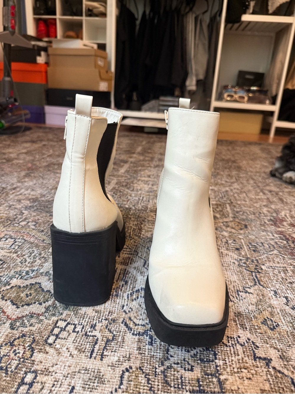 MIA White Leather Platform Chelsea Booties with Black Sole